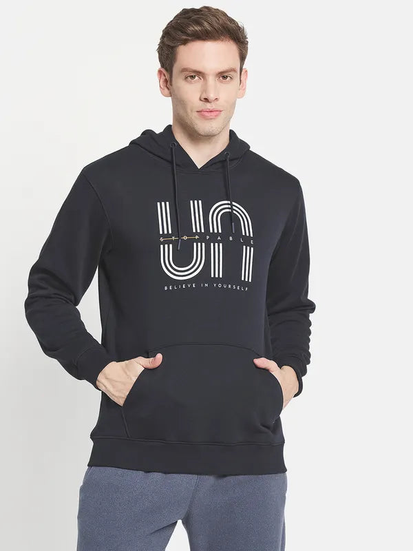 Men Navy Blue Printed Hooded Sweatshirt