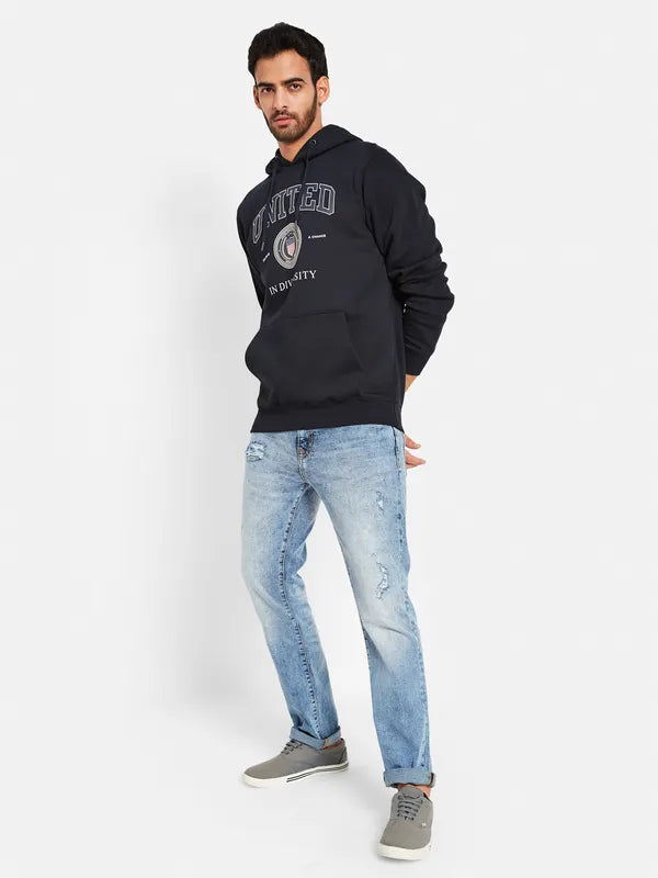 Octave Men Navy Blue Printed Hooded Sweatshirt