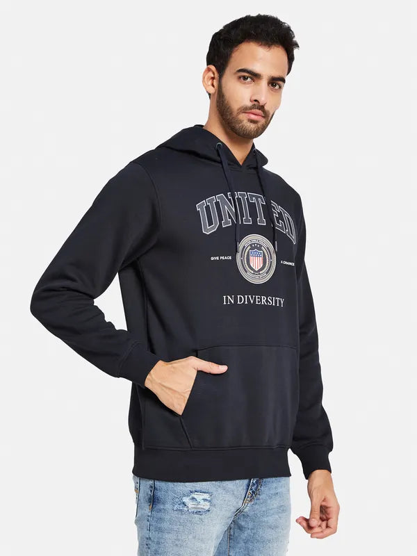 Octave Men Navy Blue Printed Hooded Sweatshirt