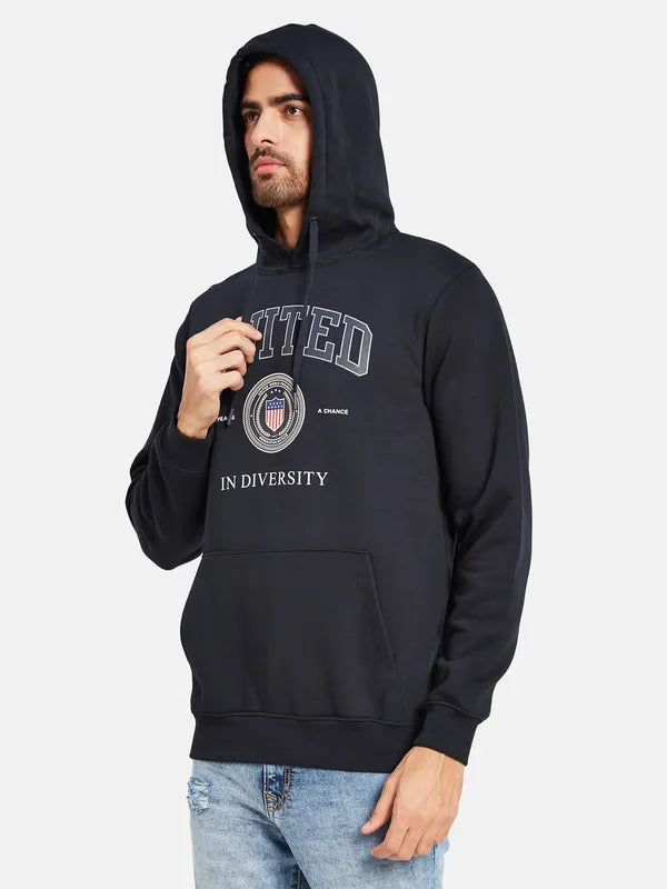 Octave Men Navy Blue Printed Hooded Sweatshirt