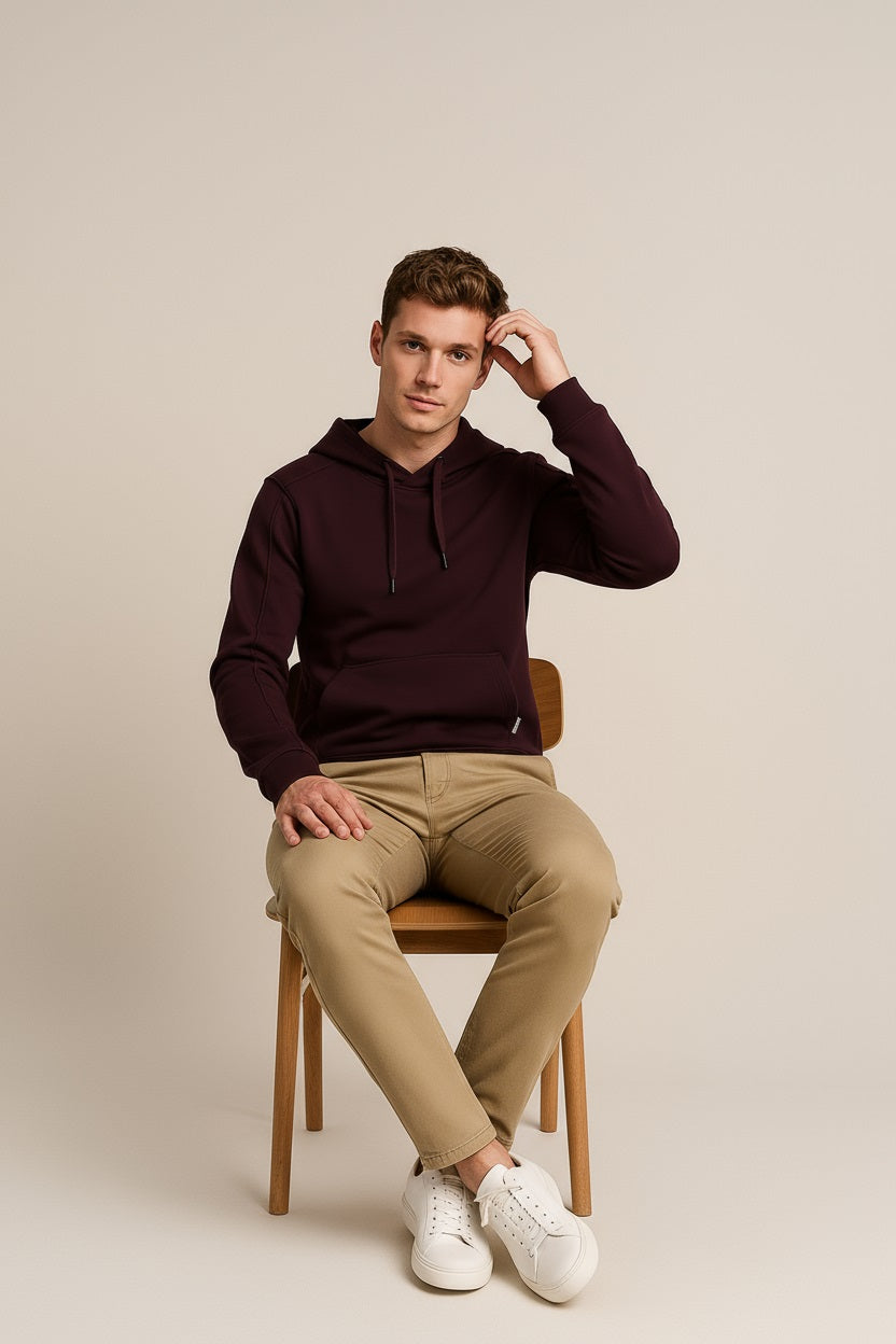 Octave Men Wine Solid Hooded Sweatshirt