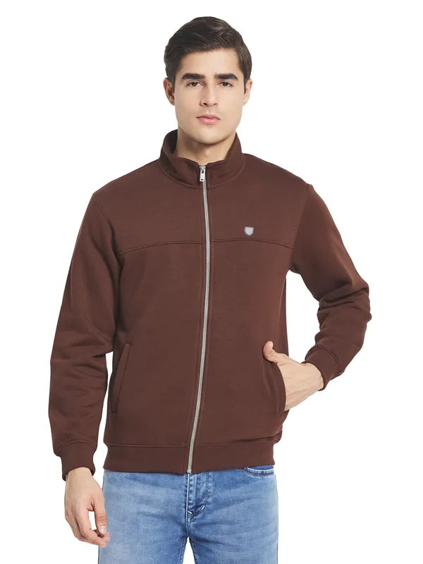 Octave Men Brown Solid Fleece Front-Open Sweatshirt