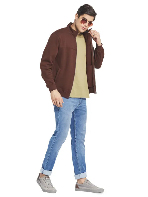 Octave Men Brown Solid Fleece Front-Open Sweatshirt