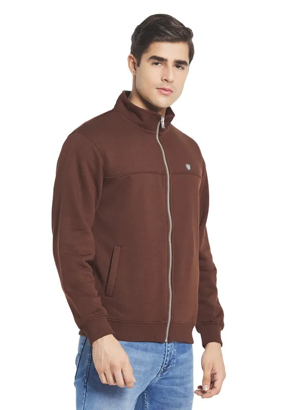 Octave Men Brown Solid Fleece Front-Open Sweatshirt