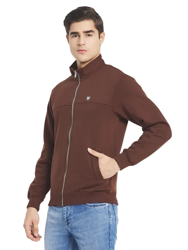 Octave Men Brown Solid Fleece Front-Open Sweatshirt