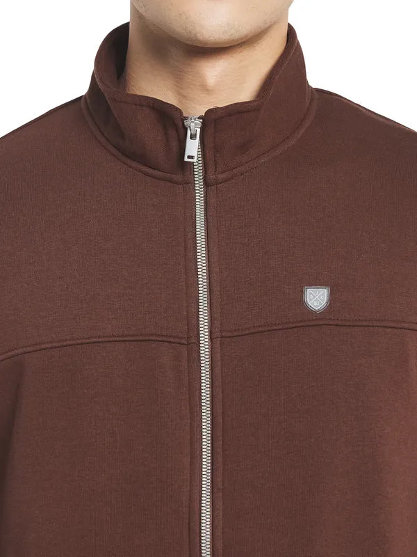 Octave Men Brown Solid Fleece Front-Open Sweatshirt