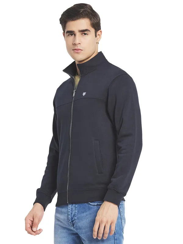 Octave Men Navy Blue Solid Fleece Front-Open Sweatshirt
