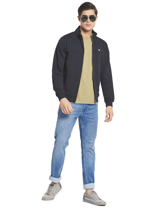 Octave Men Navy Blue Solid Fleece Front-Open Sweatshirt