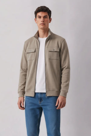 Men’s Sand Cotton Fleece Full-Zip Winter Sweatshirt | Stand Collar