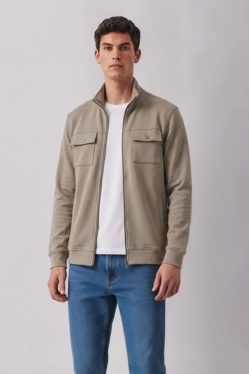 Men’s Sand Cotton Fleece Full-Zip Winter Sweatshirt | Stand Collar