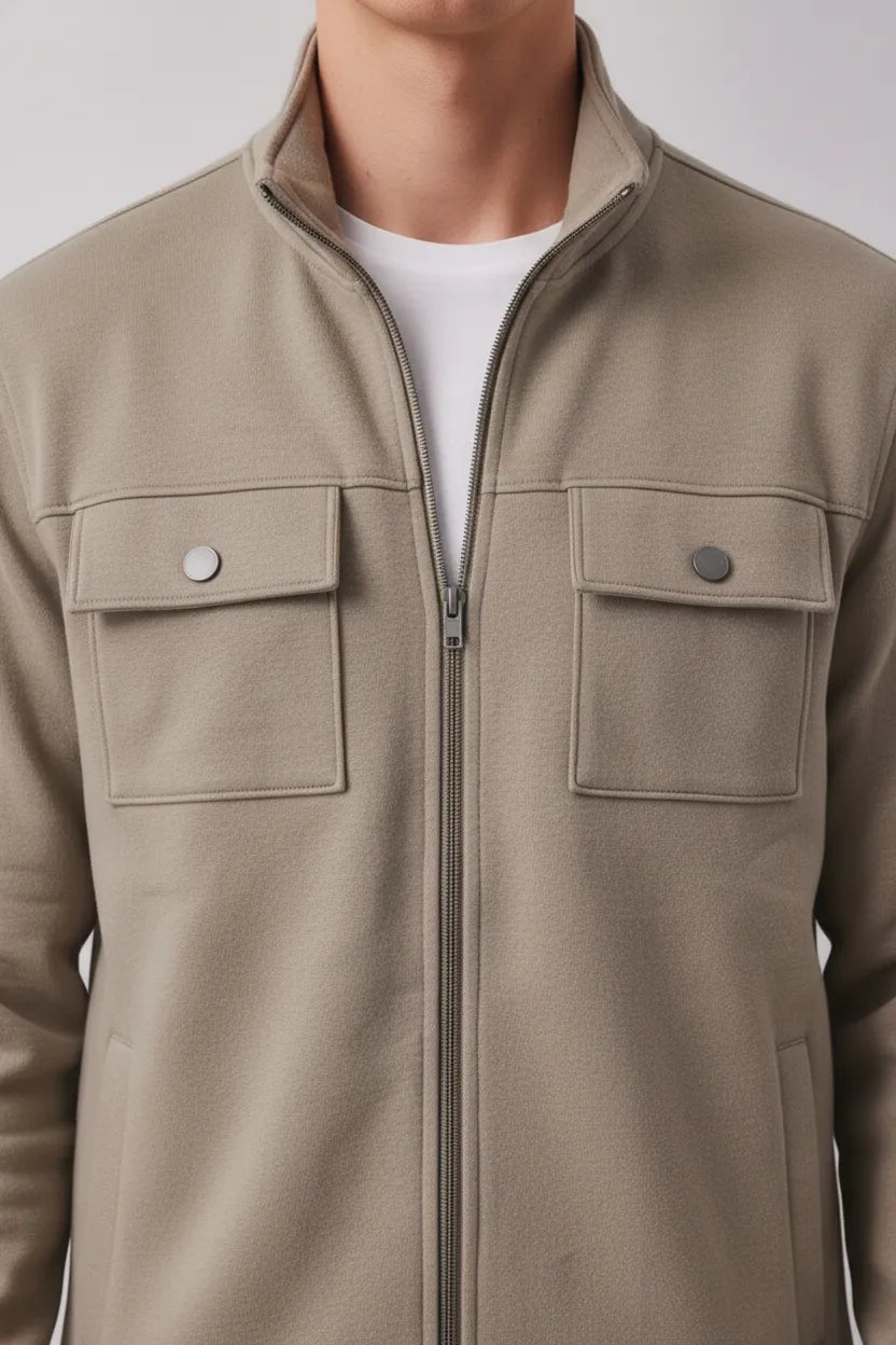 Men’s Sand Cotton Fleece Full-Zip Winter Sweatshirt | Stand Collar