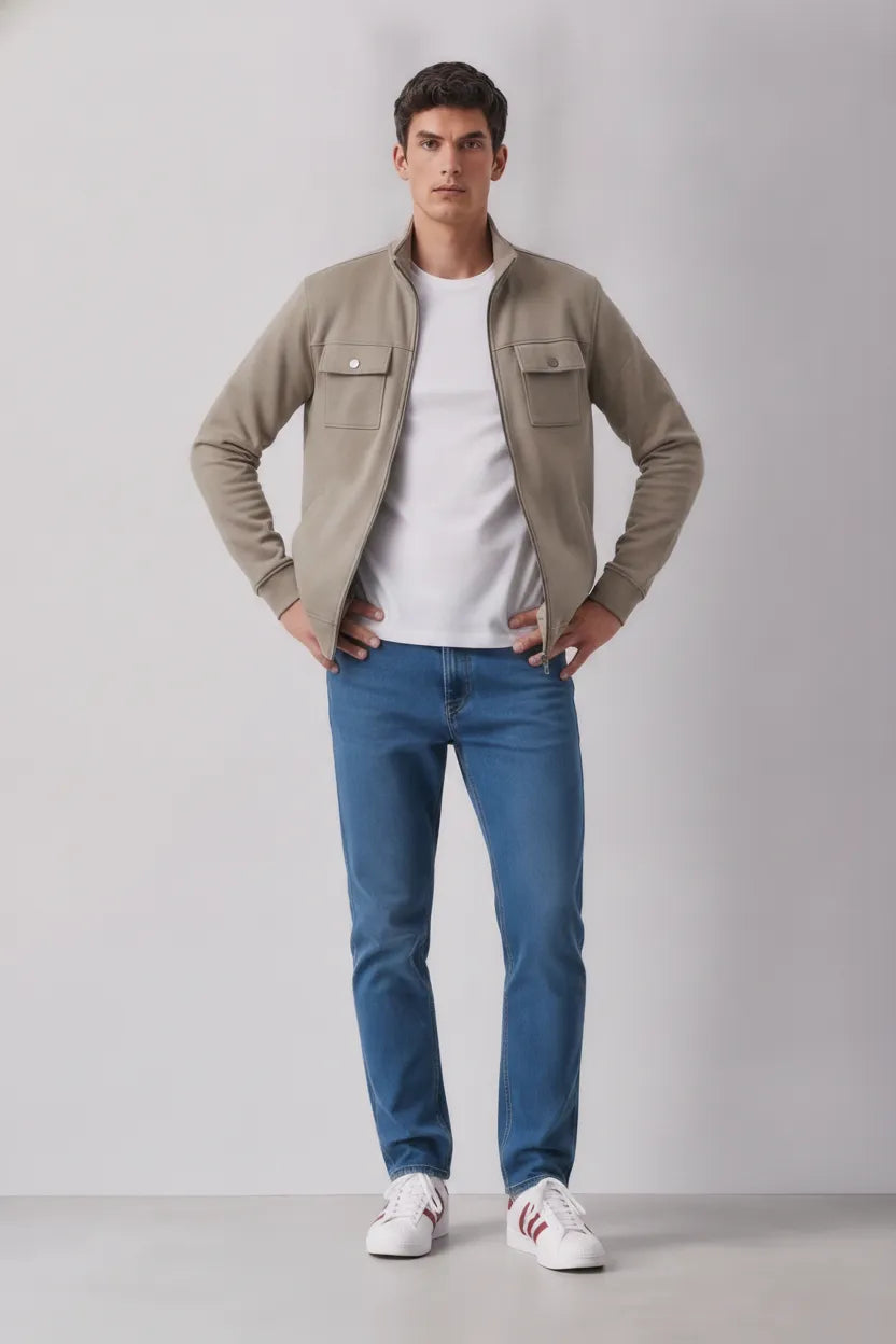 Men’s Sand Cotton Fleece Full-Zip Winter Sweatshirt | Stand Collar