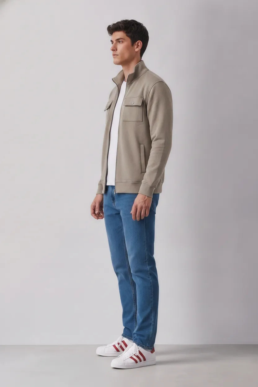 Men’s Sand Cotton Fleece Full-Zip Winter Sweatshirt | Stand Collar