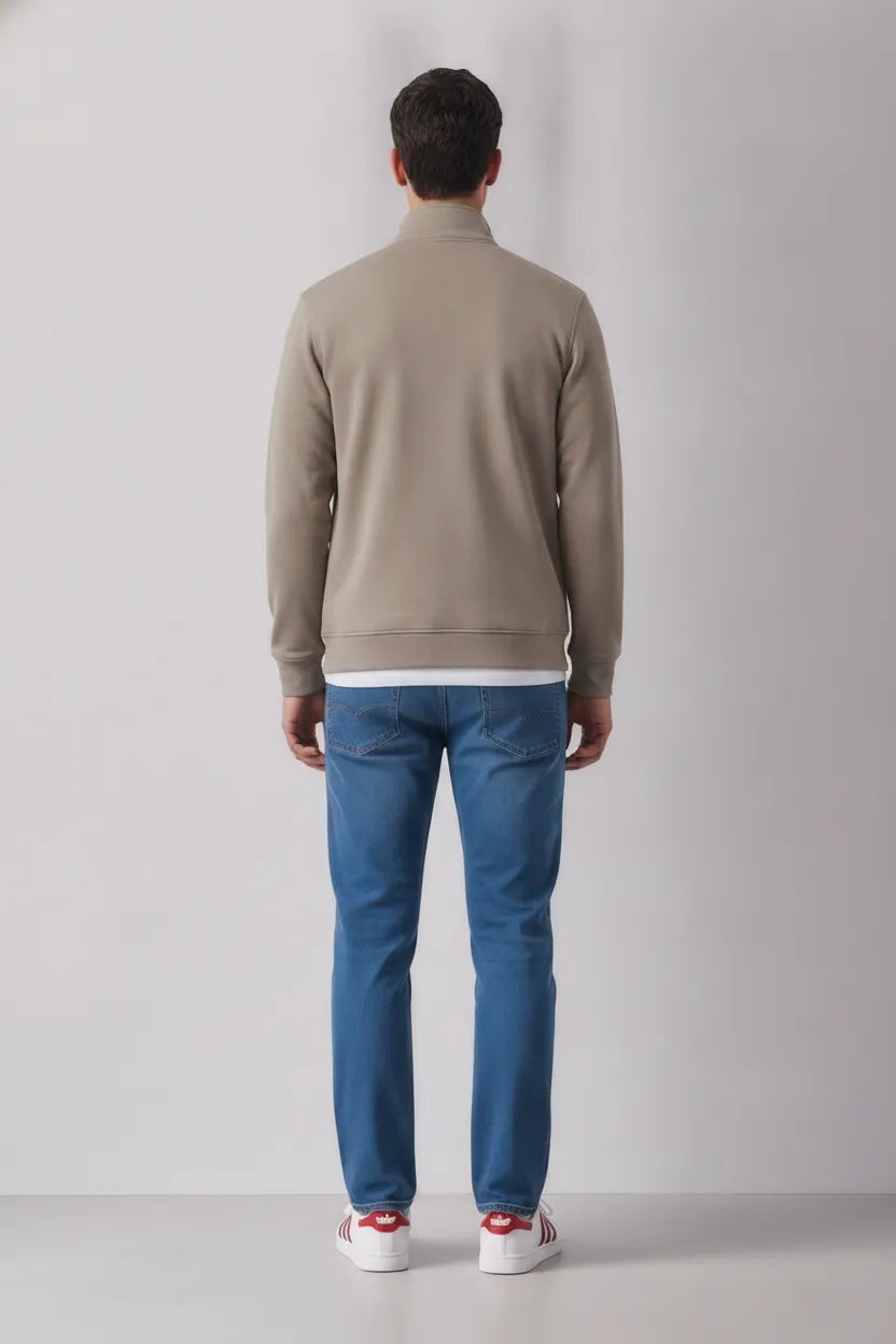 Men’s Sand Cotton Fleece Full-Zip Winter Sweatshirt | Stand Collar