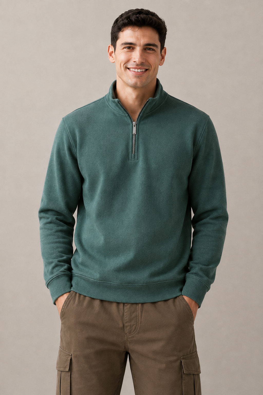 Men’s Bottle Green Suede Half-Zip Winter Sweatshirt