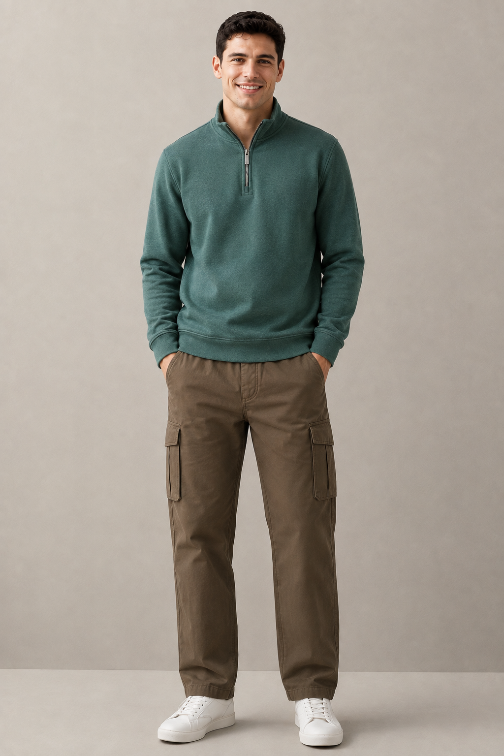 Men’s Bottle Green Suede Half-Zip Winter Sweatshirt