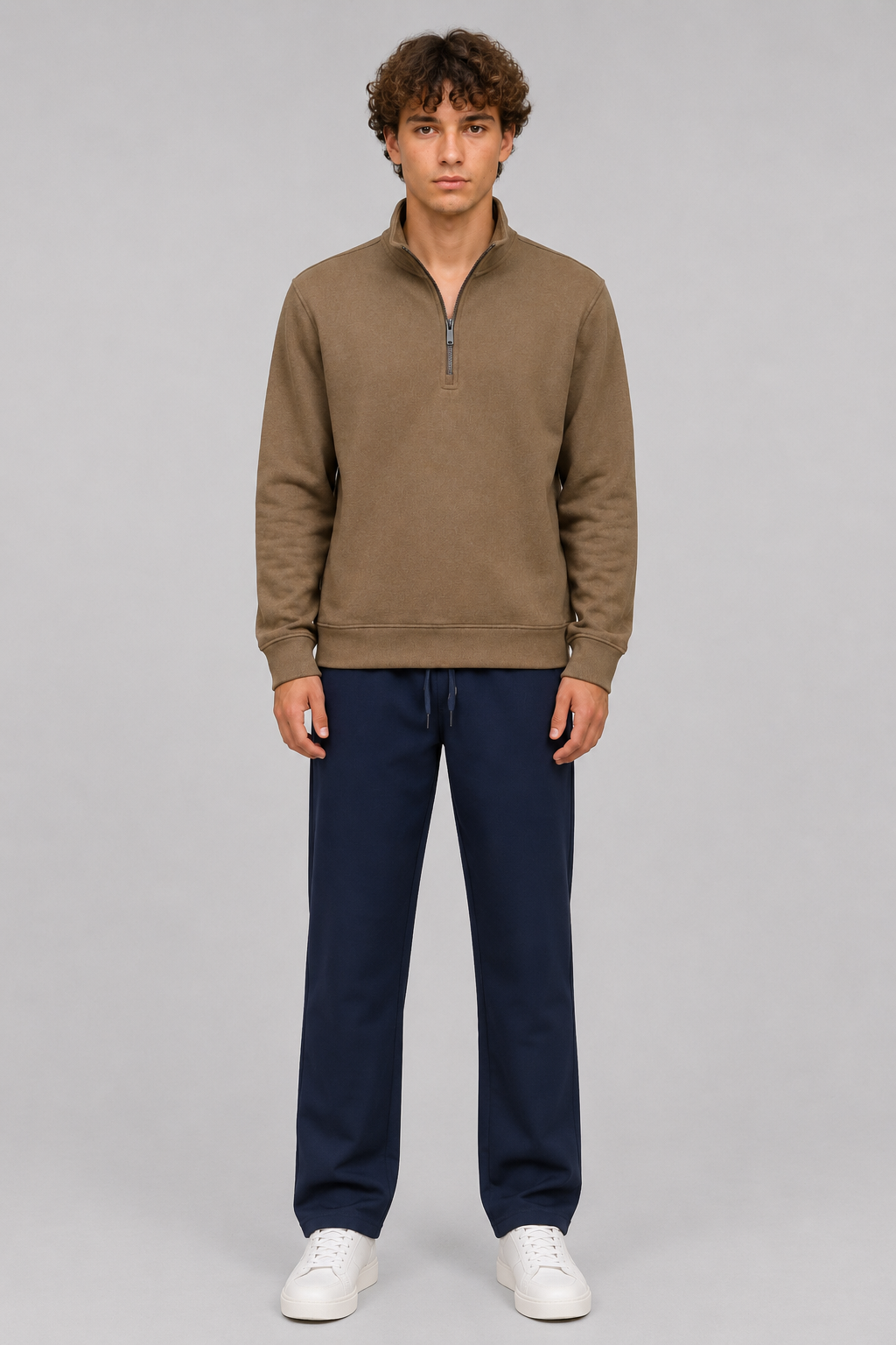 Men’s Brown Melange German Velvet Half-Zip Sweatshirt – Regular Fit Full Sleeve Winter Pullover