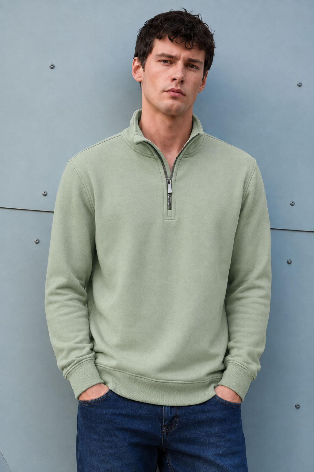 Men’s Desert Sage German Velvet Half-Zip Sweatshirt – Regular Fit Full Sleeve Winter Pullover