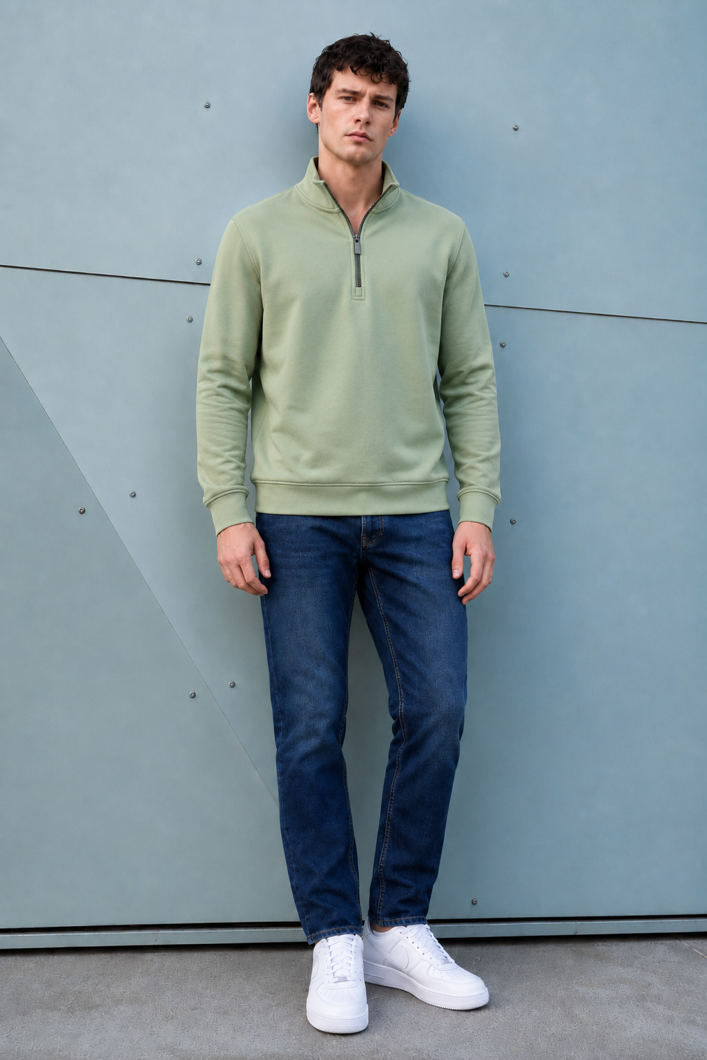 Men’s Desert Sage German Velvet Half-Zip Sweatshirt – Regular Fit Full Sleeve Winter Pullover