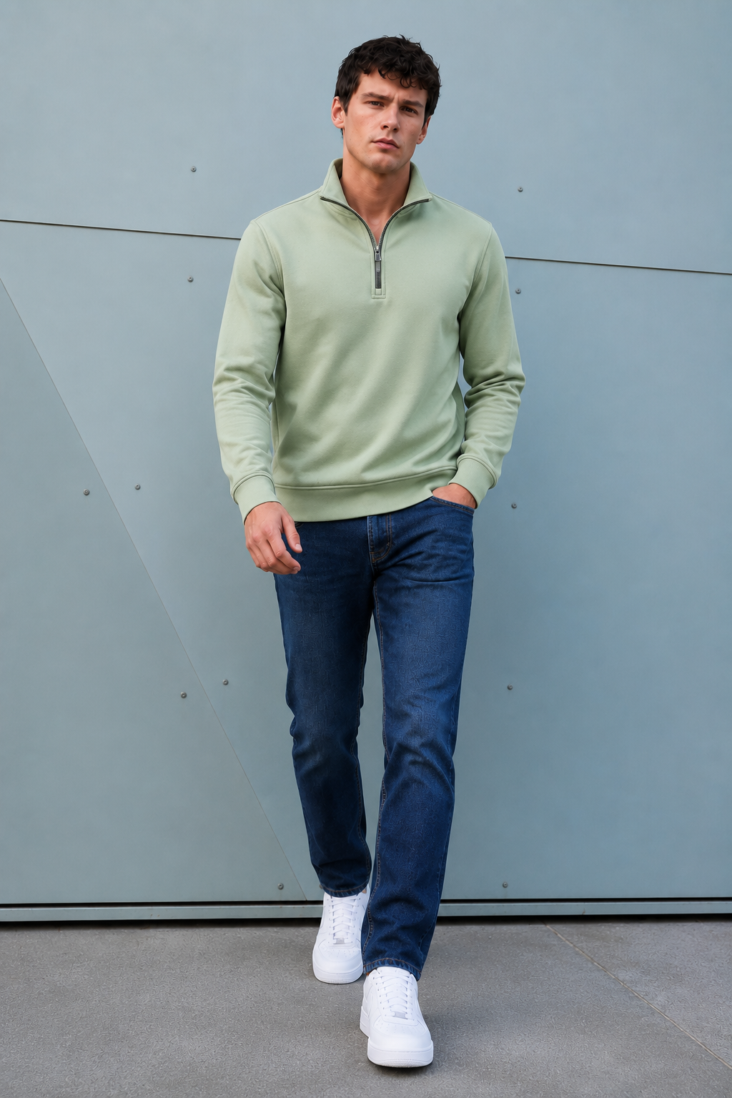 Men’s Desert Sage German Velvet Half-Zip Sweatshirt – Regular Fit Full Sleeve Winter Pullover