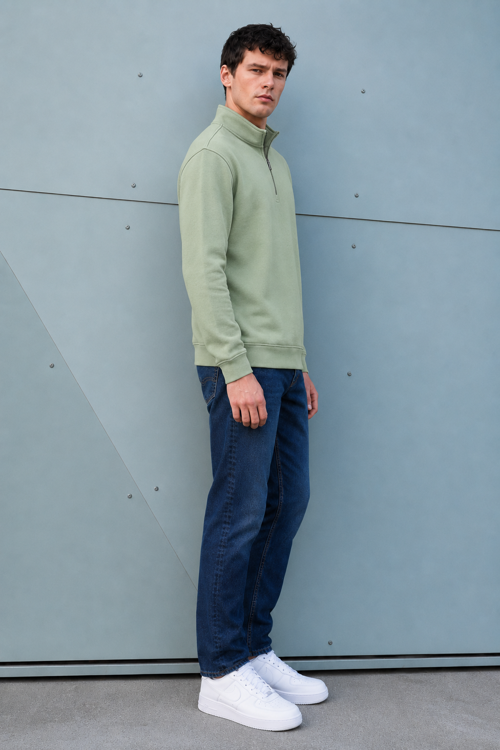Men’s Desert Sage German Velvet Half-Zip Sweatshirt – Regular Fit Full Sleeve Winter Pullover