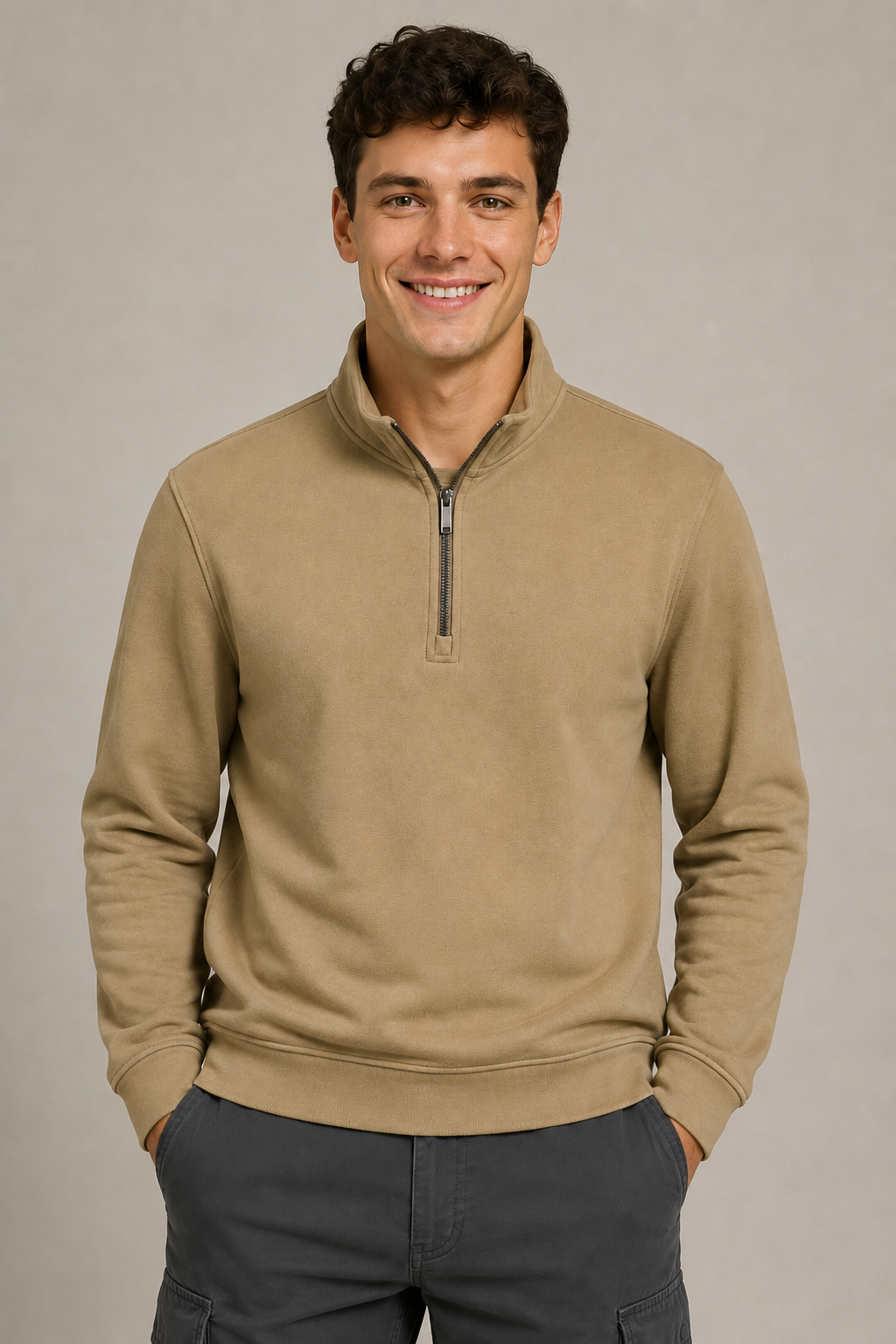 Men’s Khaki Suede Half-Zip Winter Sweatshirt