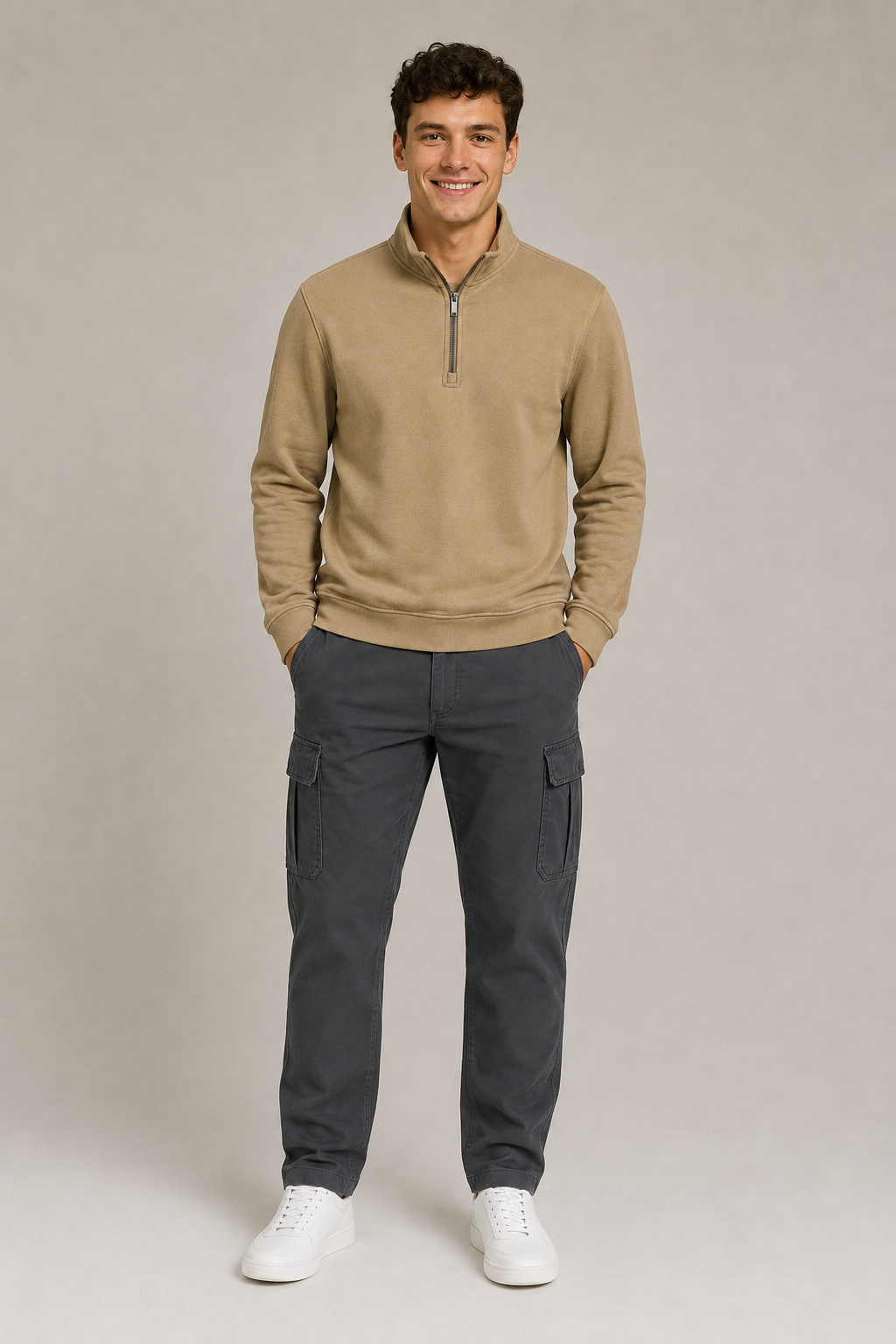 Men’s Khaki Suede Half-Zip Winter Sweatshirt