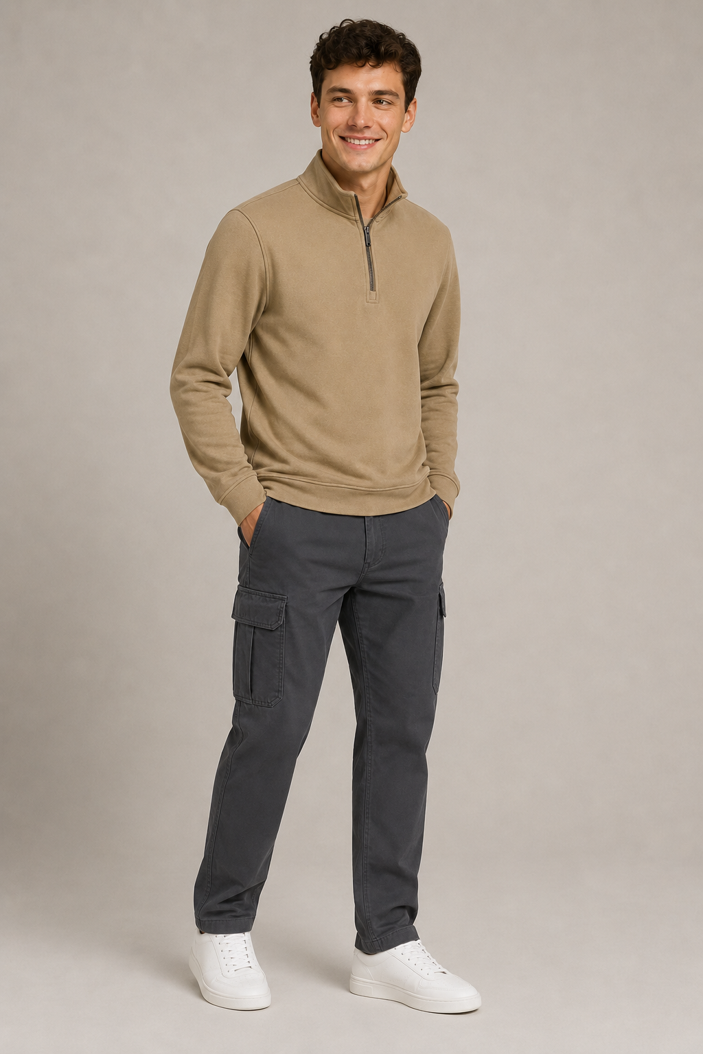 Men’s Khaki Suede Half-Zip Winter Sweatshirt
