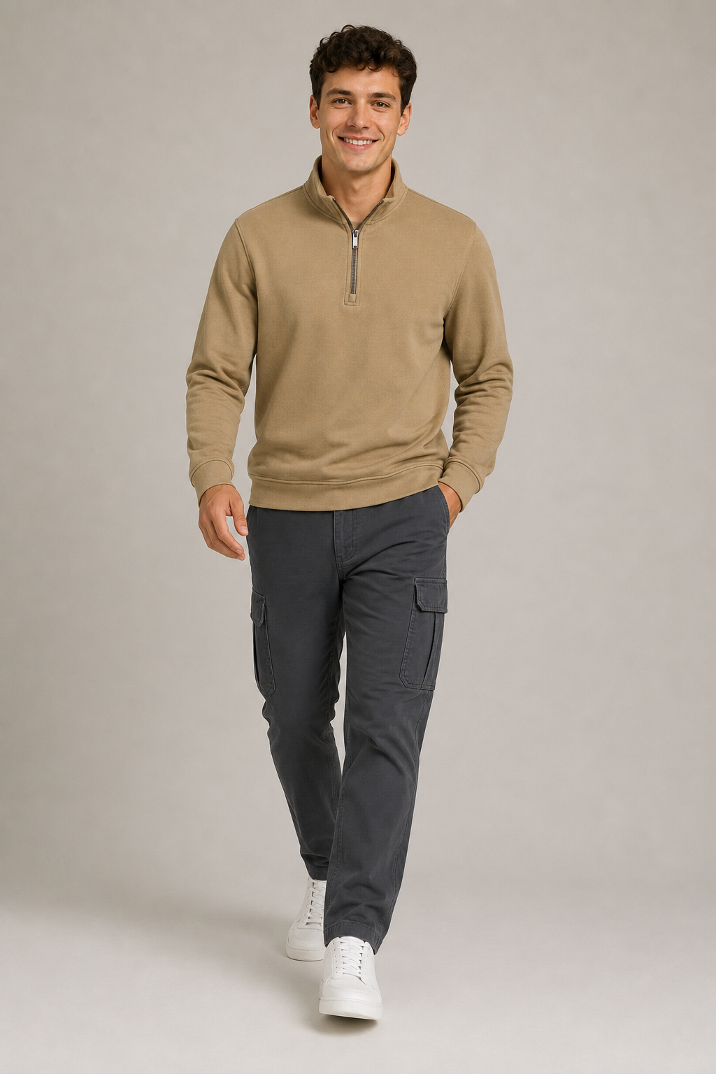 Men’s Khaki Suede Half-Zip Winter Sweatshirt