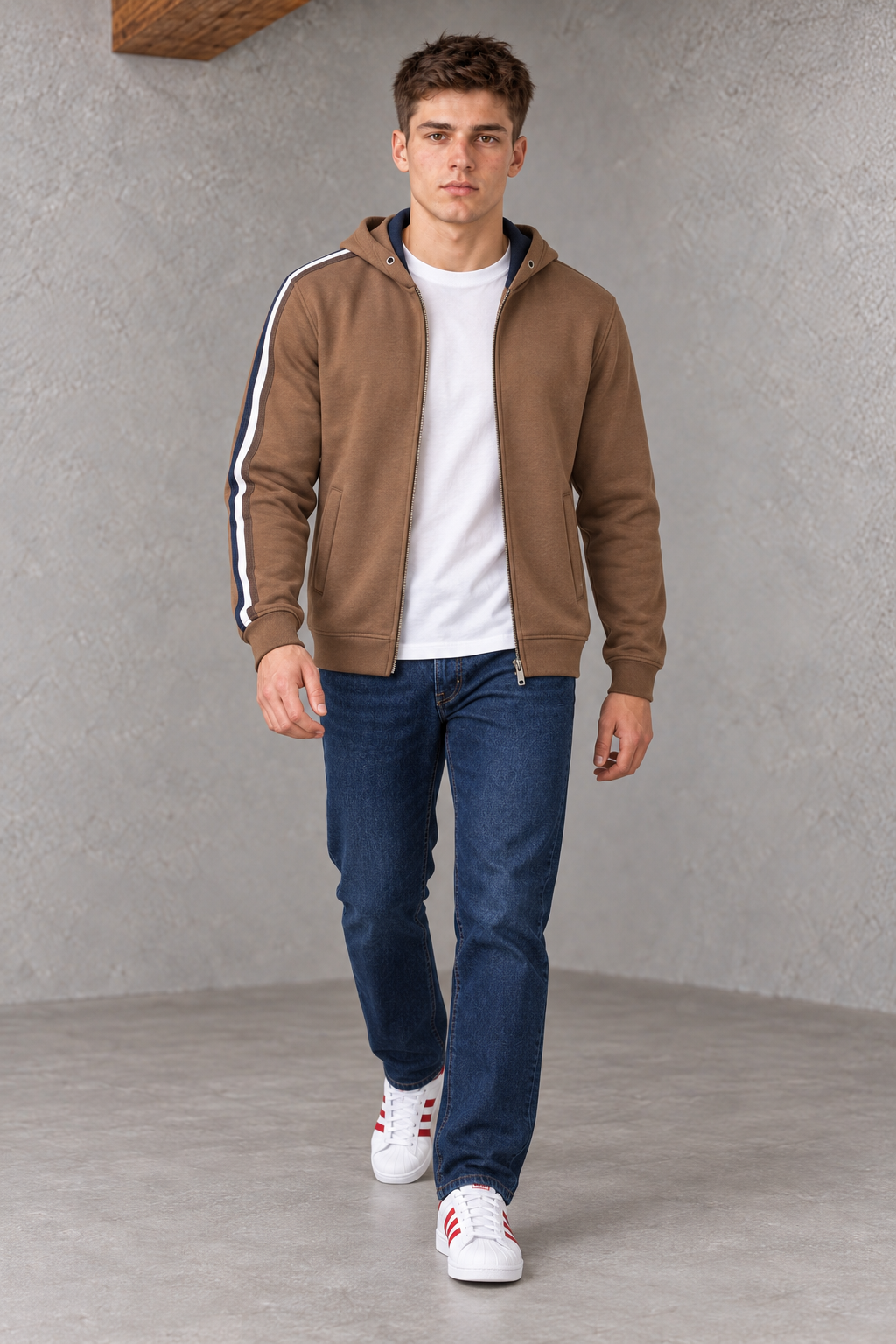 Men’s Tan Regular Fit Cotton Brushed Fleece Zip-Up Hoodie