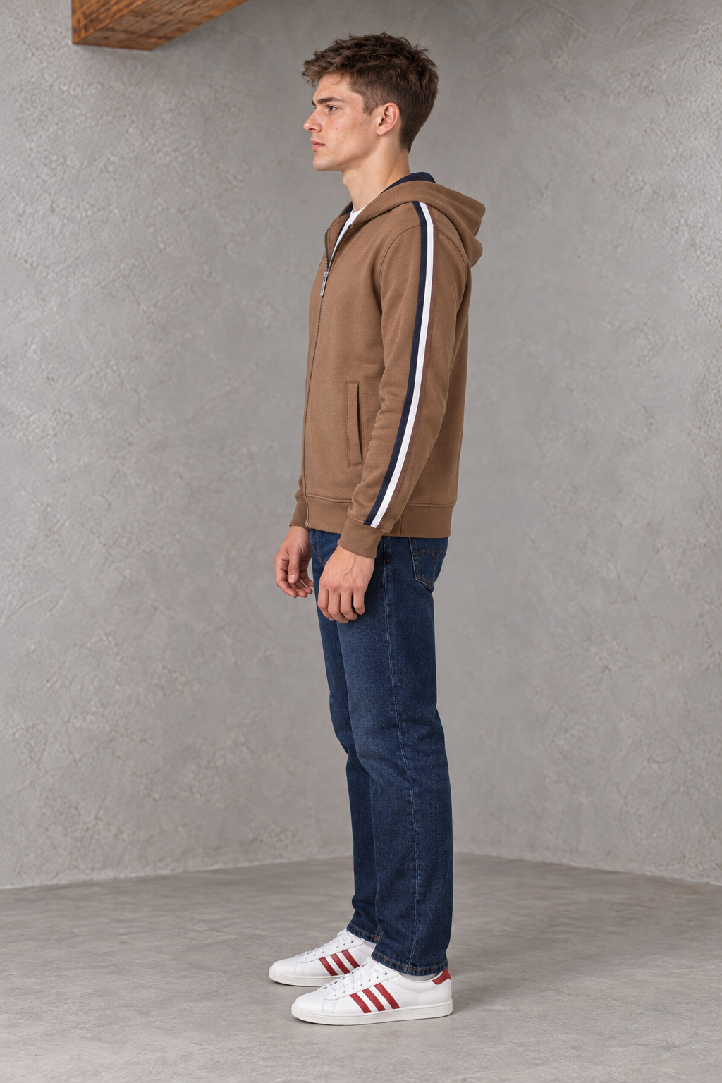 Men’s Tan Regular Fit Cotton Brushed Fleece Zip-Up Hoodie