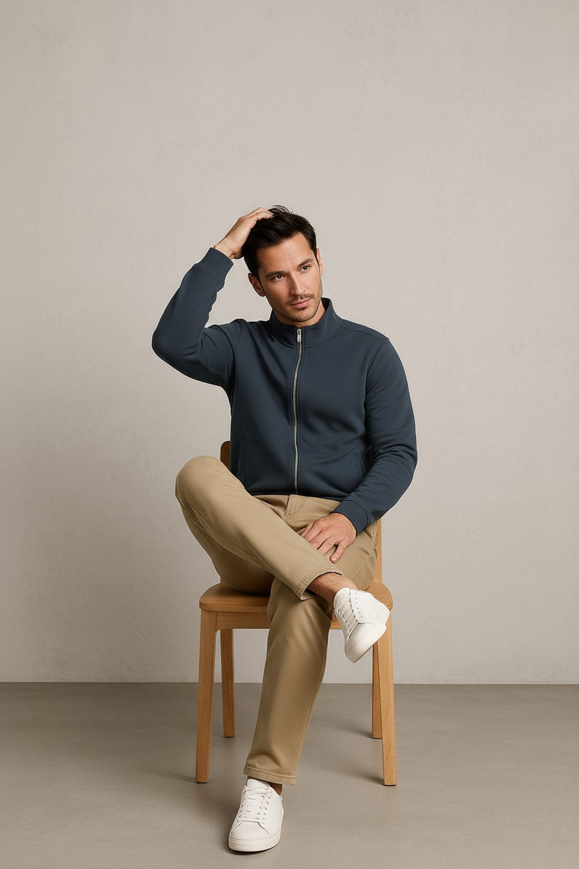 Octave Men Navy Melange Solid High Neck Sweatshirt