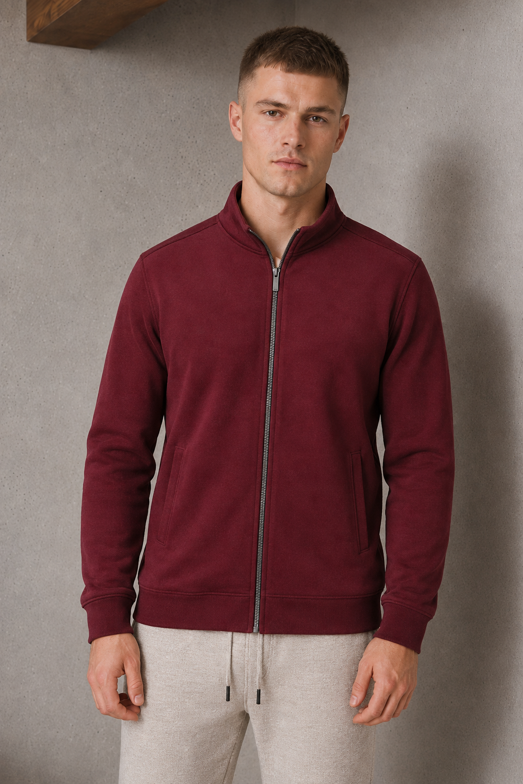 Men’s Merlot Melange German Velvet Full-Zip Sweatshirt – Regular Fit Stand Collar Winter Sweatshirts