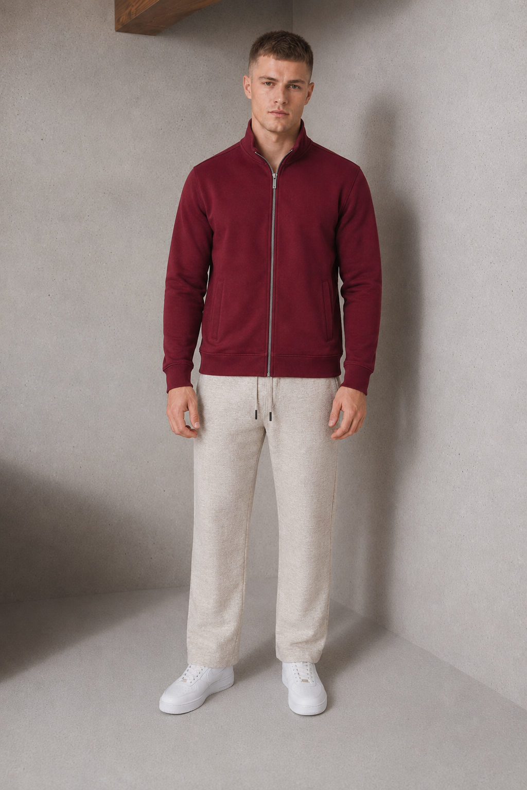 Men’s Merlot Melange German Velvet Full-Zip Sweatshirt – Regular Fit Stand Collar Winter Sweatshirts