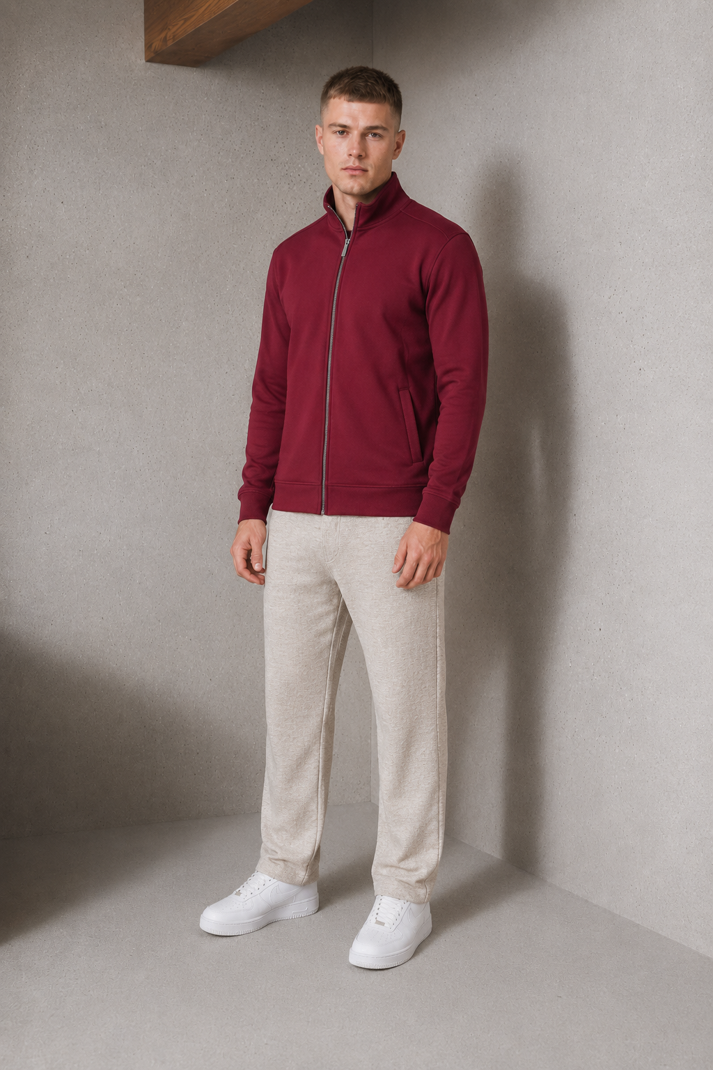 Men’s Merlot Melange German Velvet Full-Zip Sweatshirt – Regular Fit Stand Collar Winter Sweatshirts