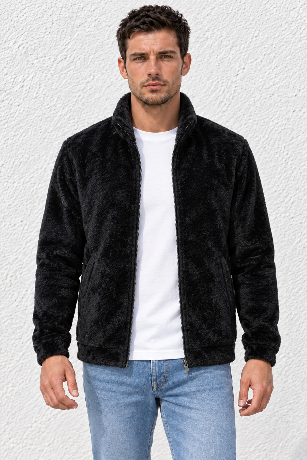 Men’s Black Fur Full-Zip Winter Sweatshirt | Stand Collar