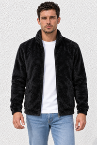 Men’s Black Fur Full-Zip Winter Sweatshirt | Stand Collar