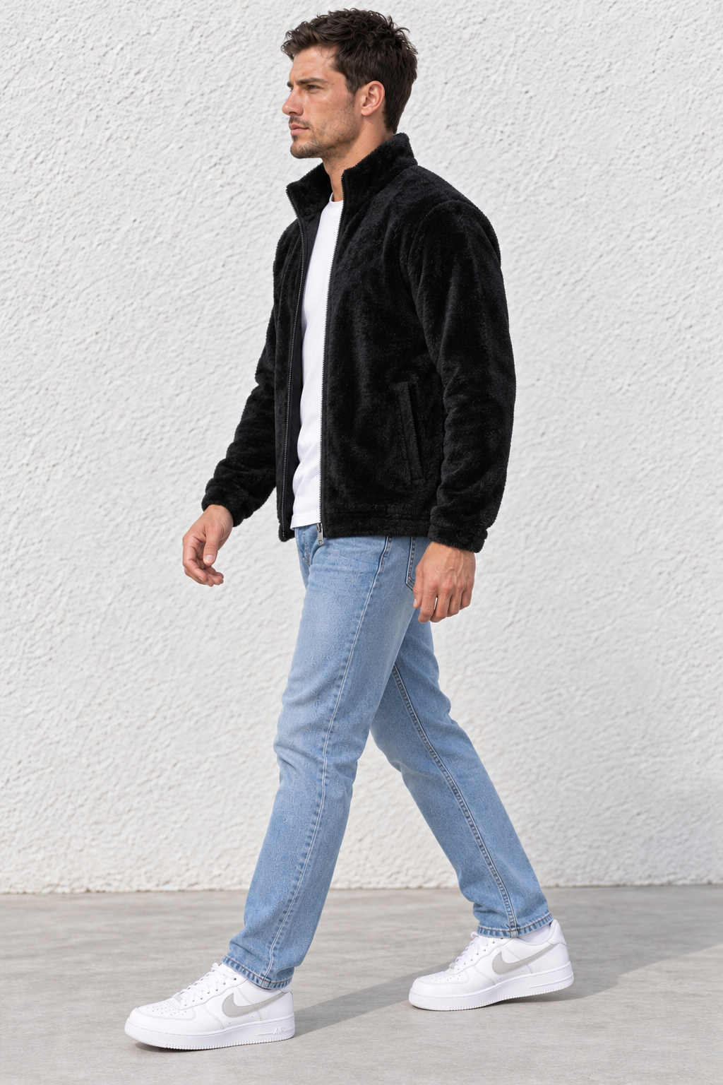Men’s Black Fur Full-Zip Winter Sweatshirt | Stand Collar
