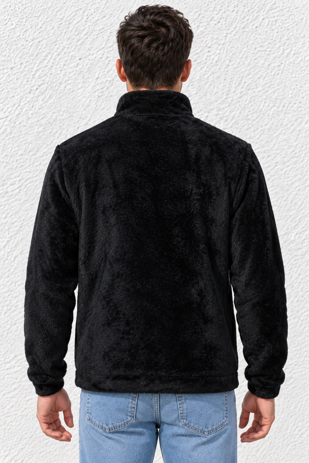 Men’s Black Fur Full-Zip Winter Sweatshirt | Stand Collar