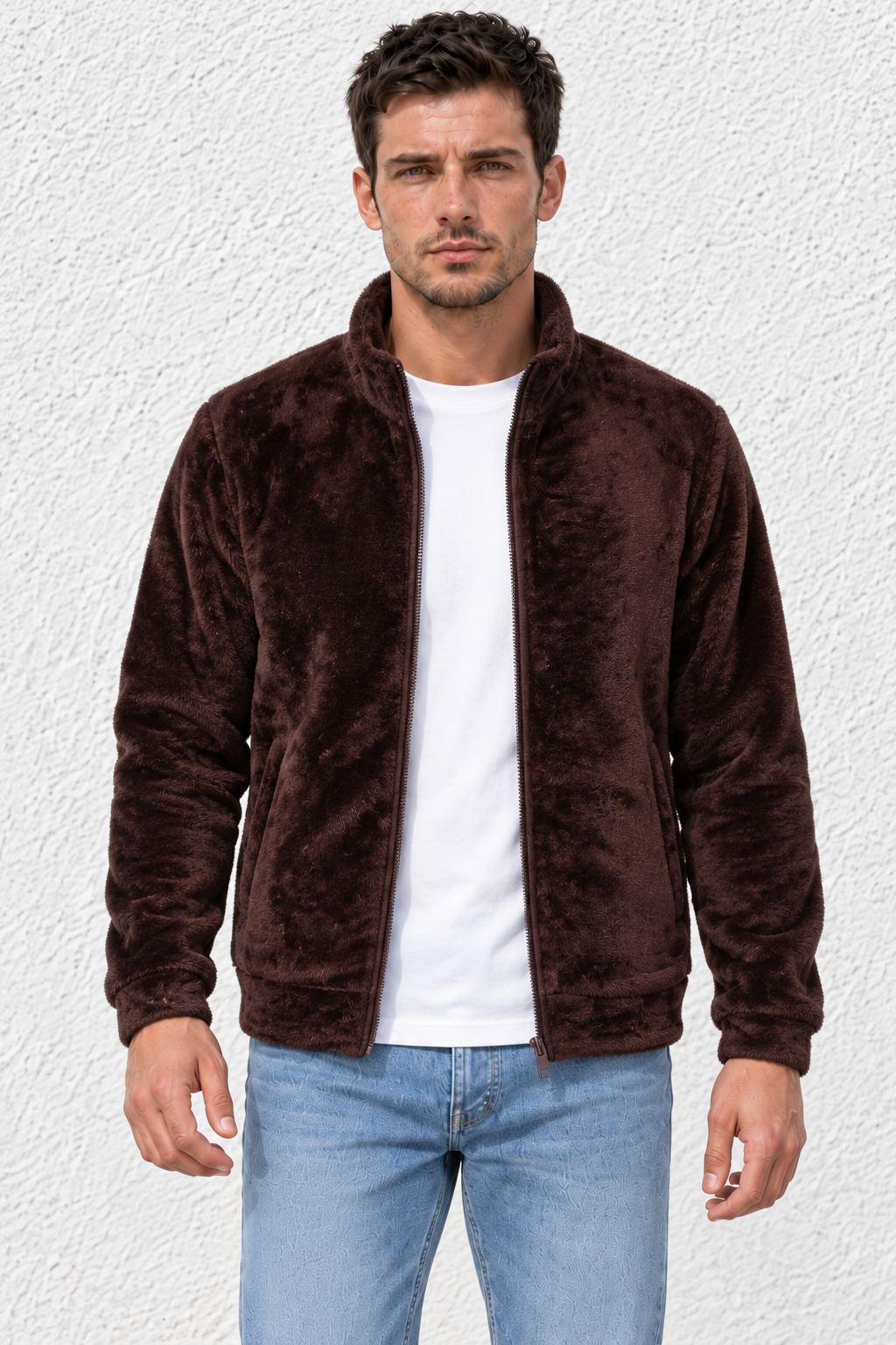Men’s Espresso Fur Full-Zip Winter Sweatshirt | Stand Collar