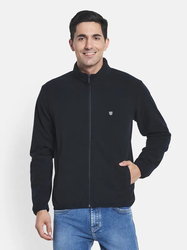 Men Navy Blue Brand Logo Fleece Tailored Jacket