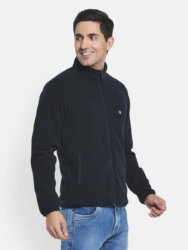 Men Navy Blue Brand Logo Fleece Tailored Jacket