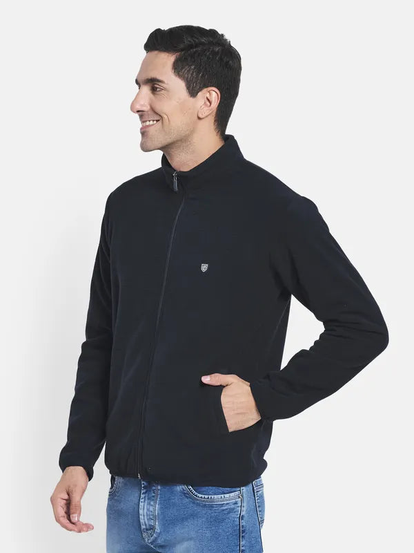 Men Navy Blue Brand Logo Fleece Tailored Jacket