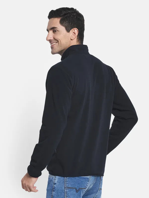 Men Navy Blue Brand Logo Fleece Tailored Jacket