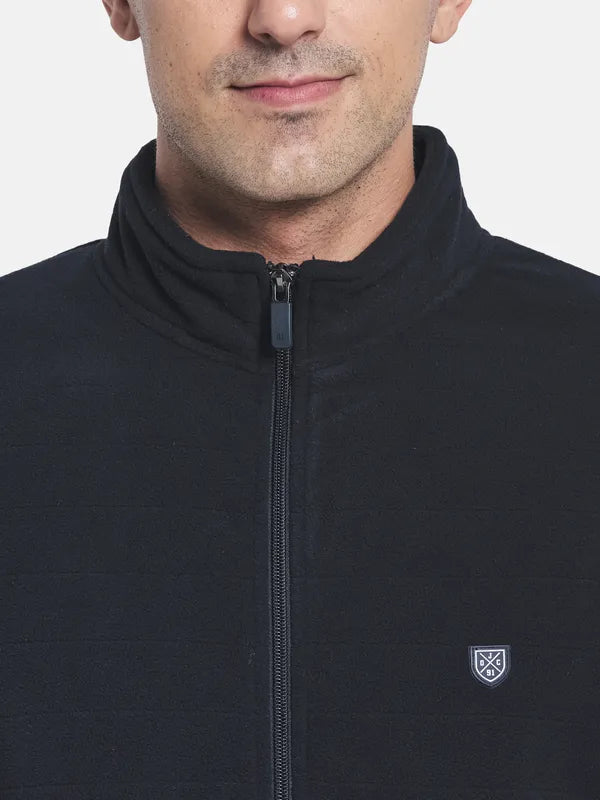 Men Navy Blue Brand Logo Fleece Tailored Jacket