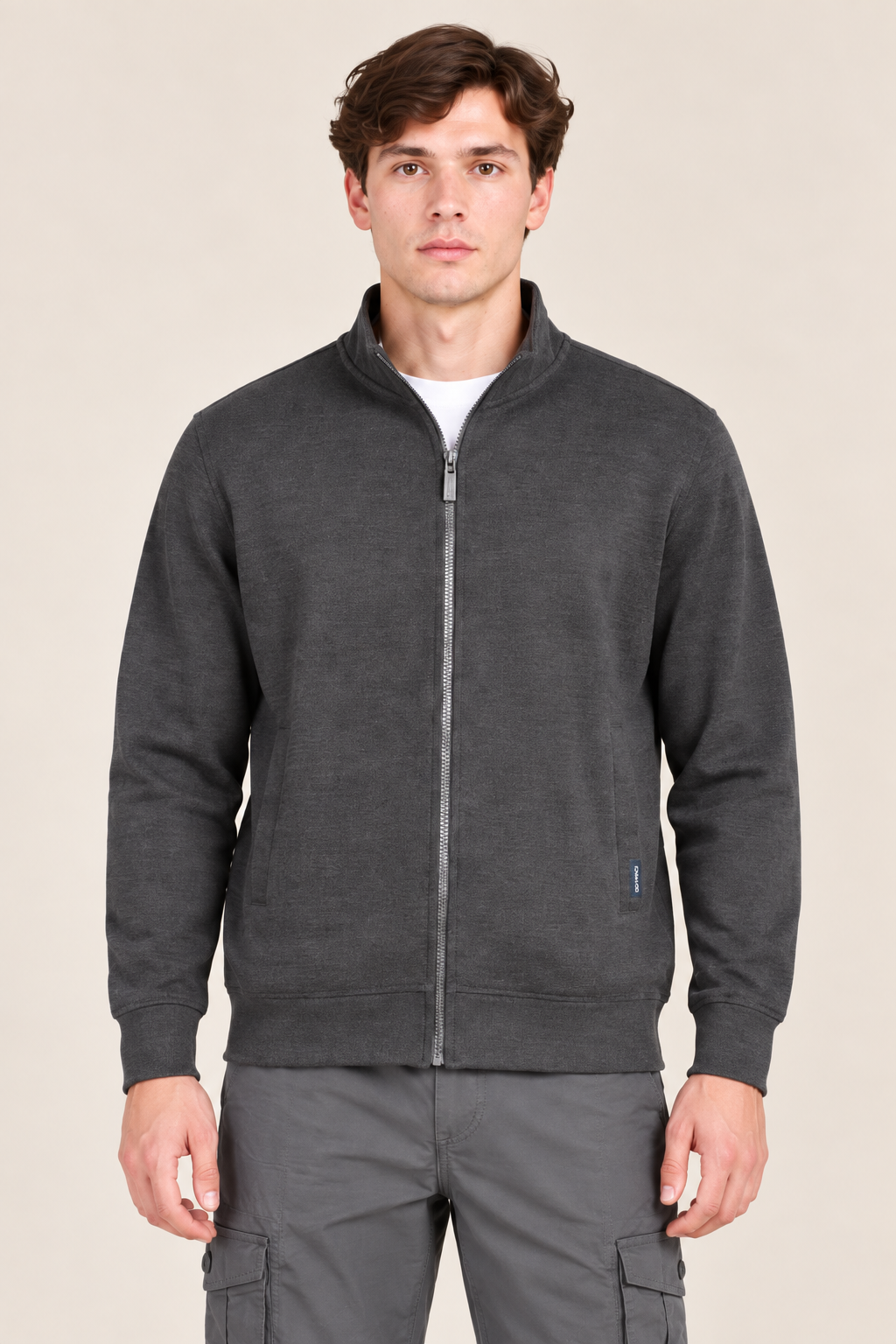 Men’s Black Melange Cotton Brushed Fleece Full-Zip Sweatshirt – Regular Fit