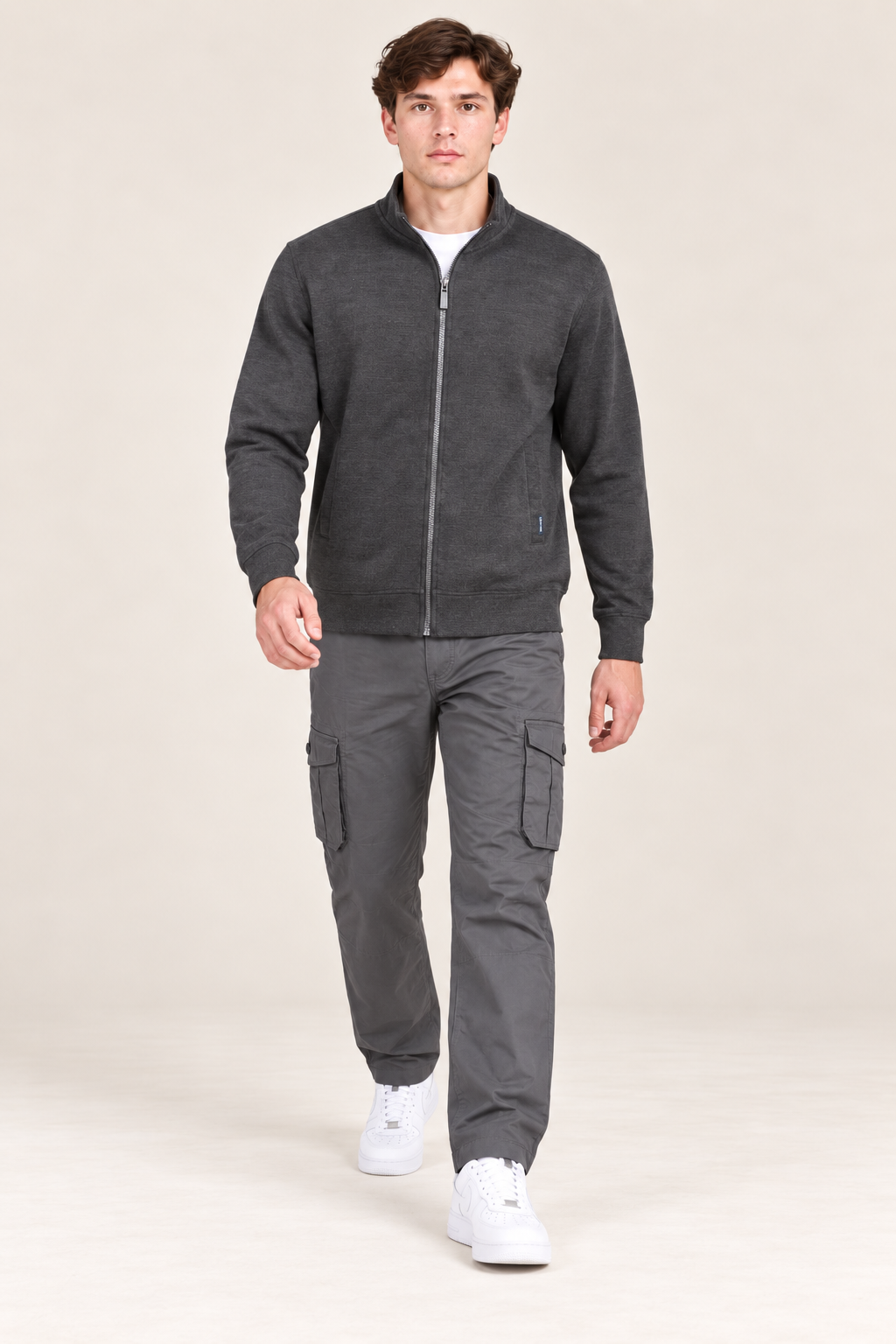 Men’s Black Melange Cotton Brushed Fleece Full-Zip Sweatshirt – Regular Fit