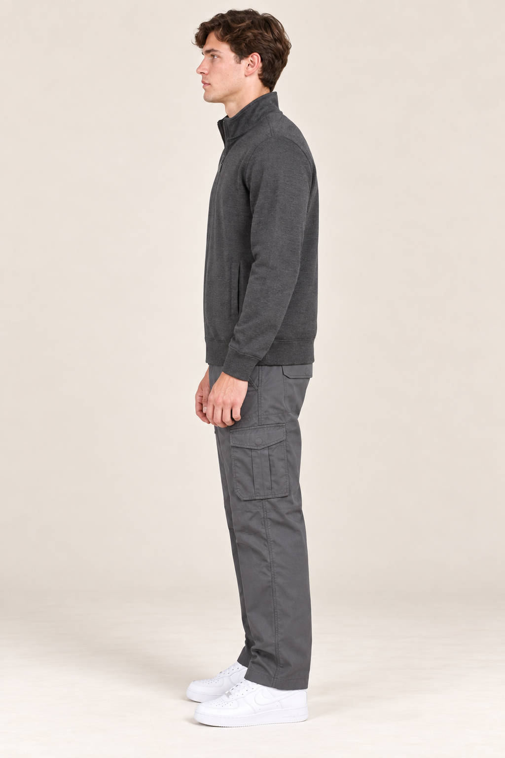Men’s Black Melange Cotton Brushed Fleece Full-Zip Sweatshirt – Regular Fit