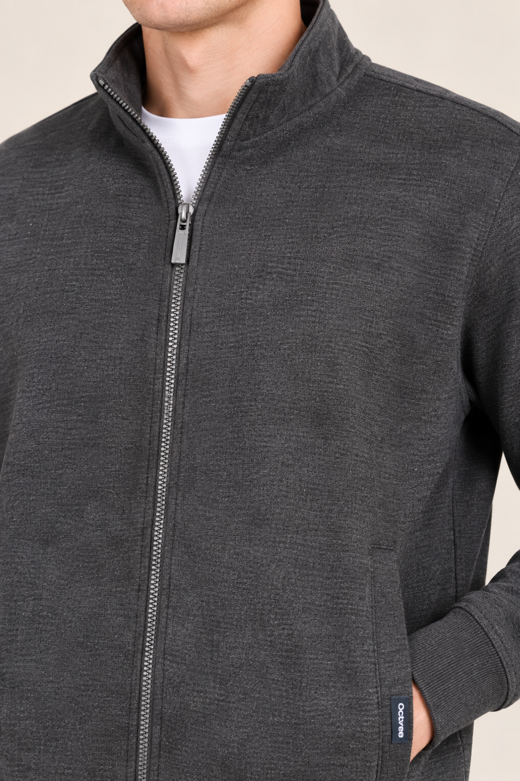 Men’s Black Melange Cotton Brushed Fleece Full-Zip Sweatshirt – Regular Fit