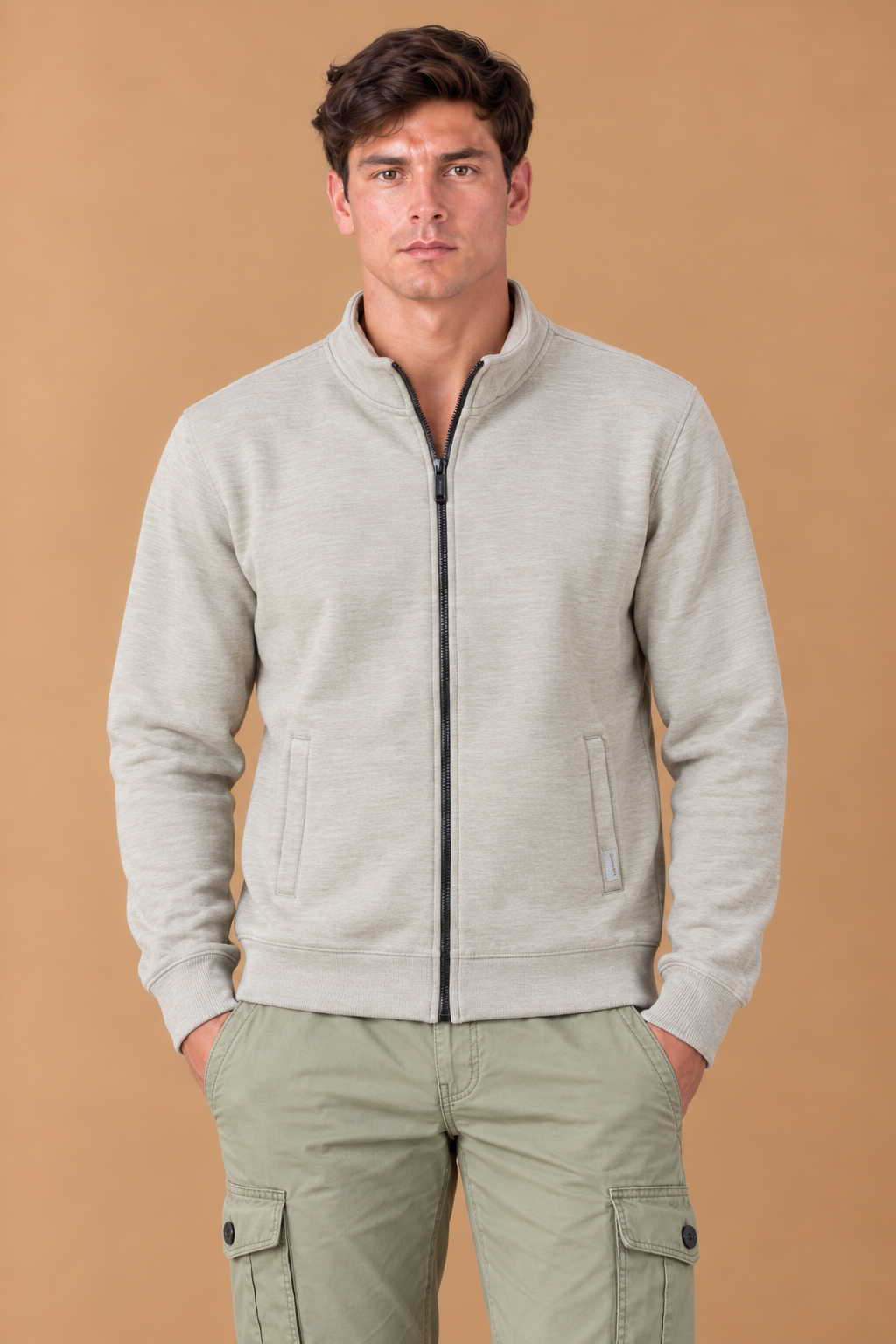 Men’s Natural Melange Cotton Blend Full-Zip Sweatshirt – Regular Fit